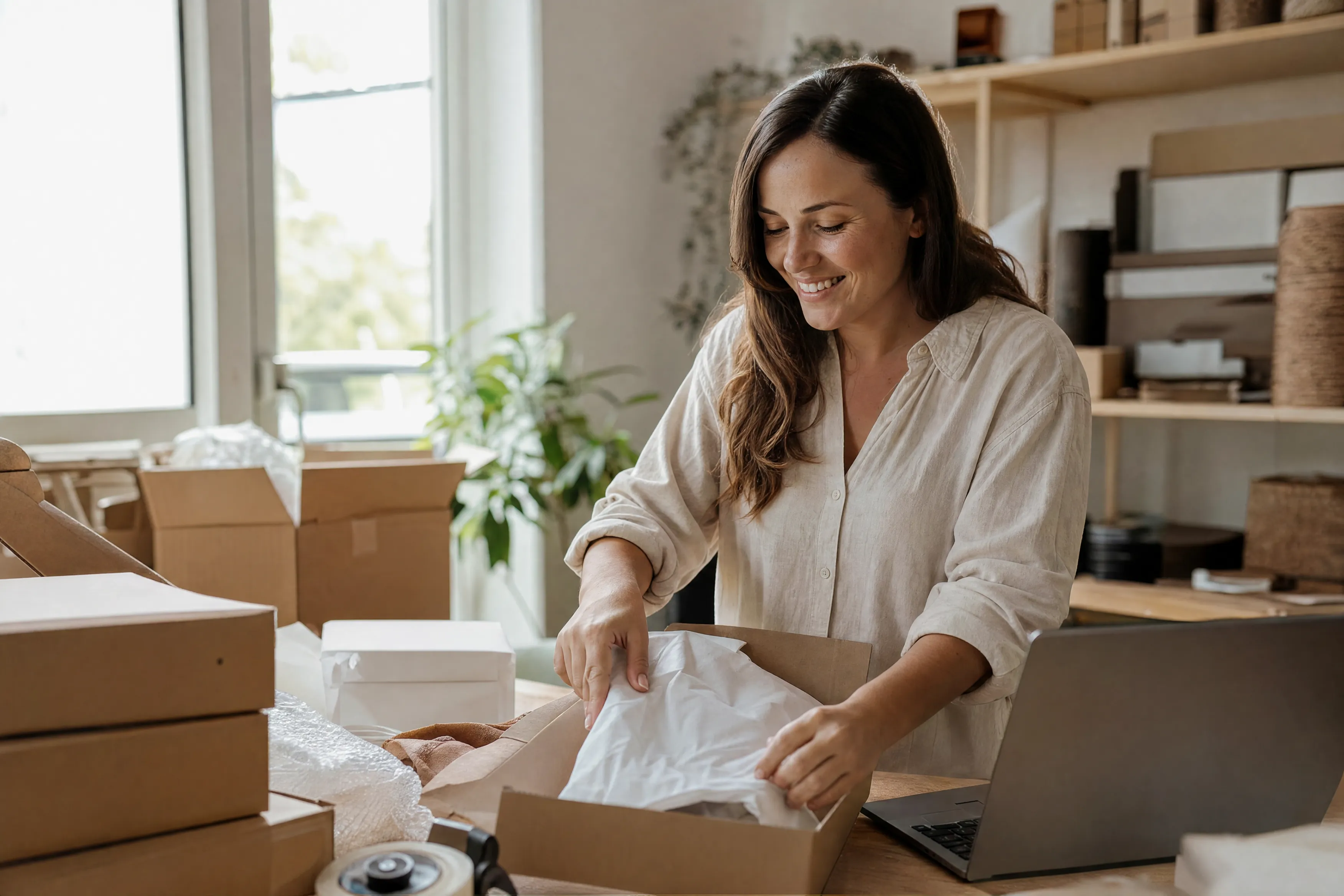 Darwin online retailer packing orders at her desk