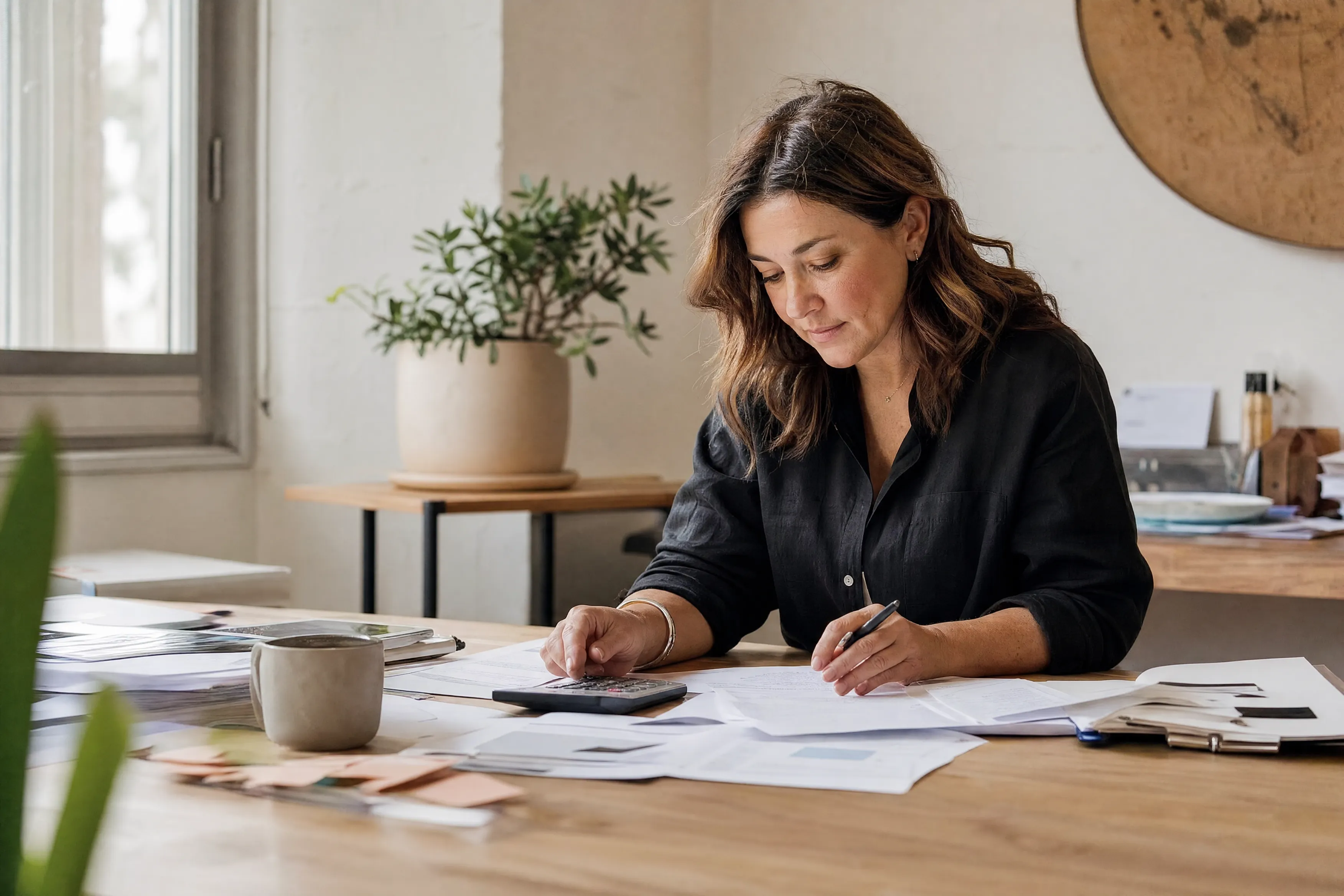 Owner reviewing cash flow over her bookkeeping