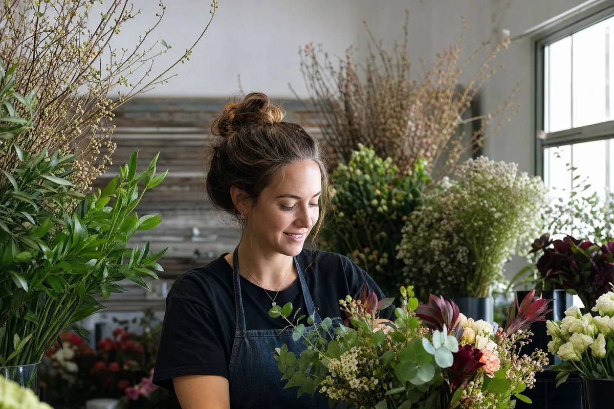 An Australian florist arranging a bouquet in her studio
